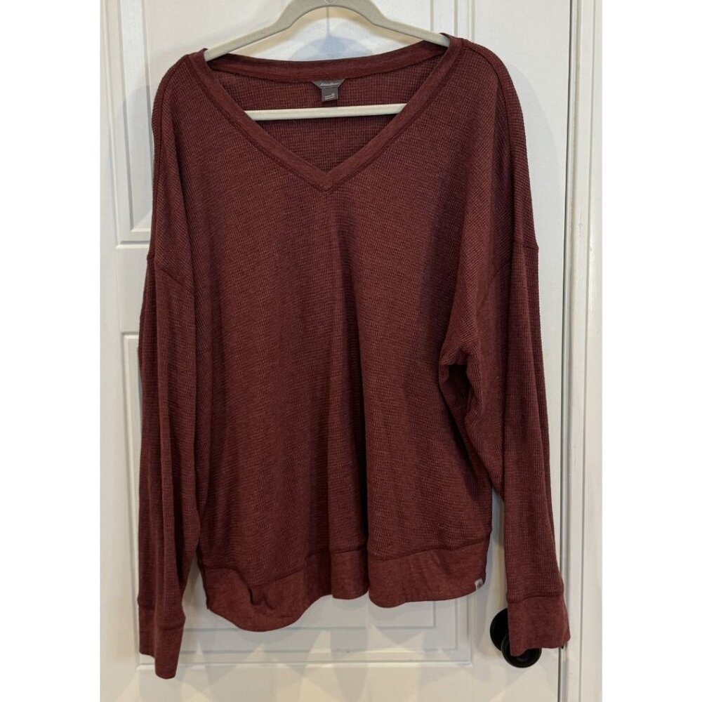 Eddie Bauer Burgundy Waffle-Knit V-Neck Long-Sleeve Tee XL EUC Relaxed Casual